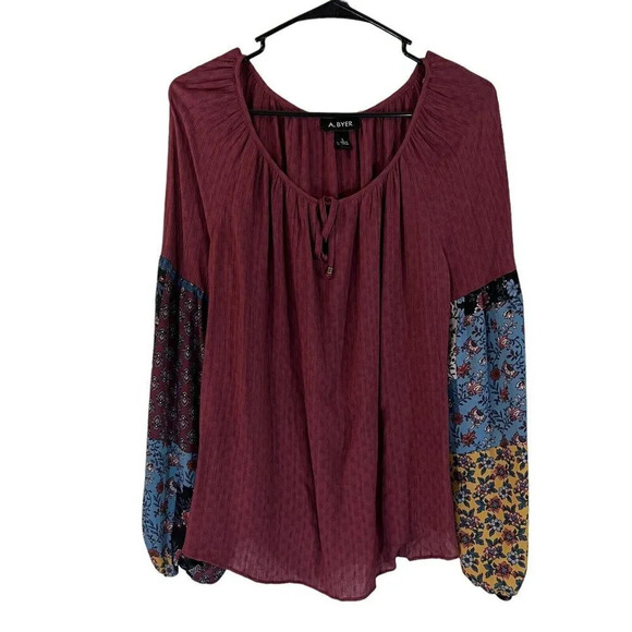 A. Byer Tops - A.Byer Burgundy Boho Top Large Keyhole Beaded Ties Floral Balloon Sleeve Sheer